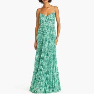 ML Monique Lhuillier Sylvia Pleated Chiffon Gown in Spotted Jade Green White